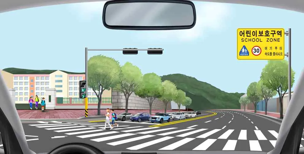 Q847 문제 이미지: 다음 도로상황에서 가장 안전한 운전방법 2가지는?