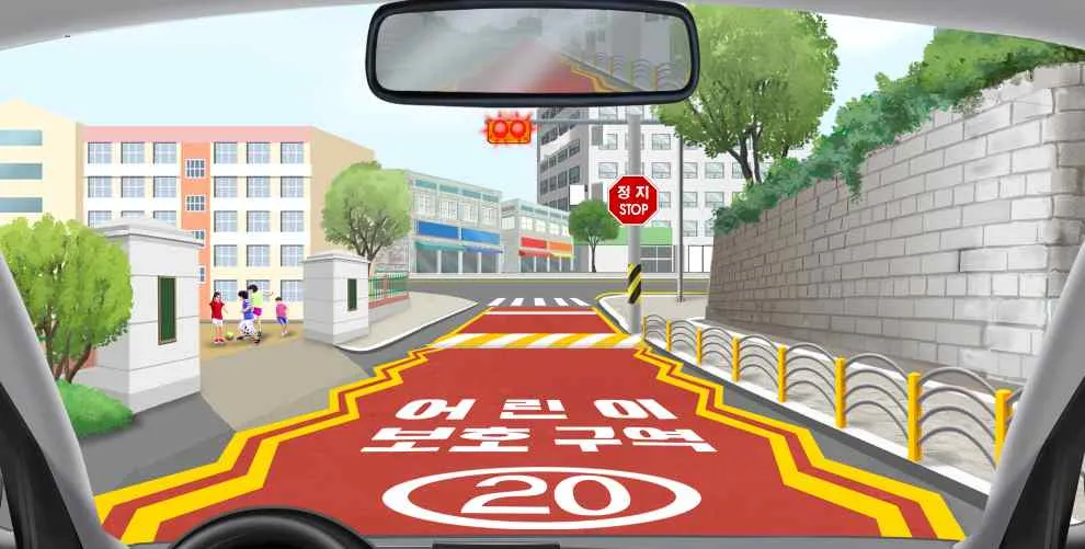 Q848 문제 이미지: 다음 도로 상황에서 가장 올바른 운전방법 2가지는?
