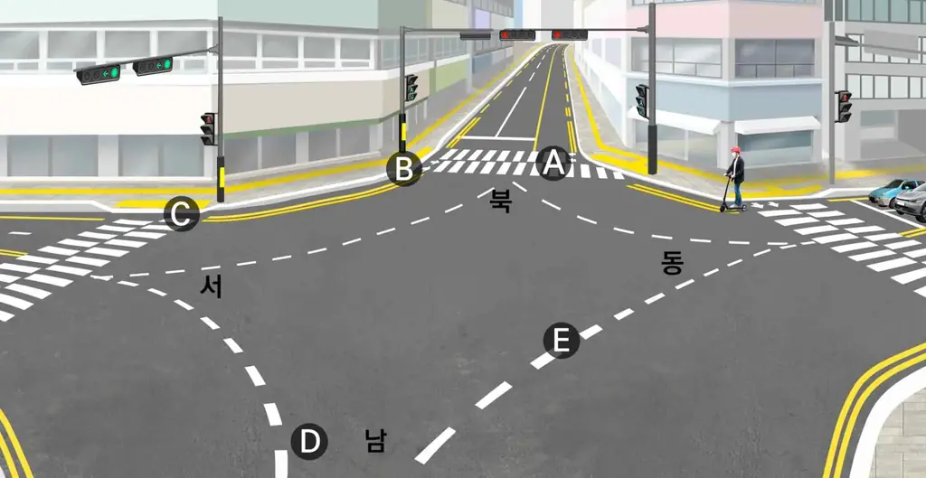 Q865 문제 이미지: 다음 상황에서 전동킥보드 운전자가 좌회전하려는 경우 안전한 방법 2가지는?